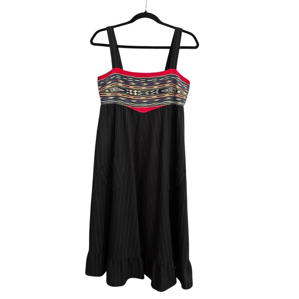 Vintage Y2K Boho‎ Artisan Midi Dress Empire Waist Black Pinstripe Pockets XS/S